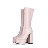Bold Patent Leather Knee High Platform Chunky Heel Boots - Blush